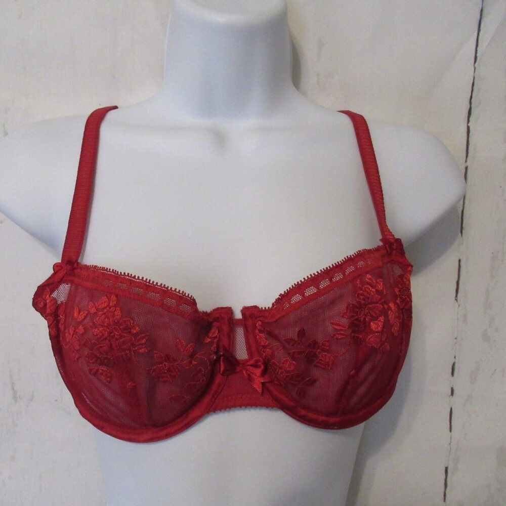 Chantelle Bra 34C Red Waltz Lace Sheer Push Up Underwire Back Closure 17850